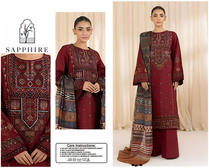 Sapphire Premium Dhanak 3-Piece Embroidered Suit