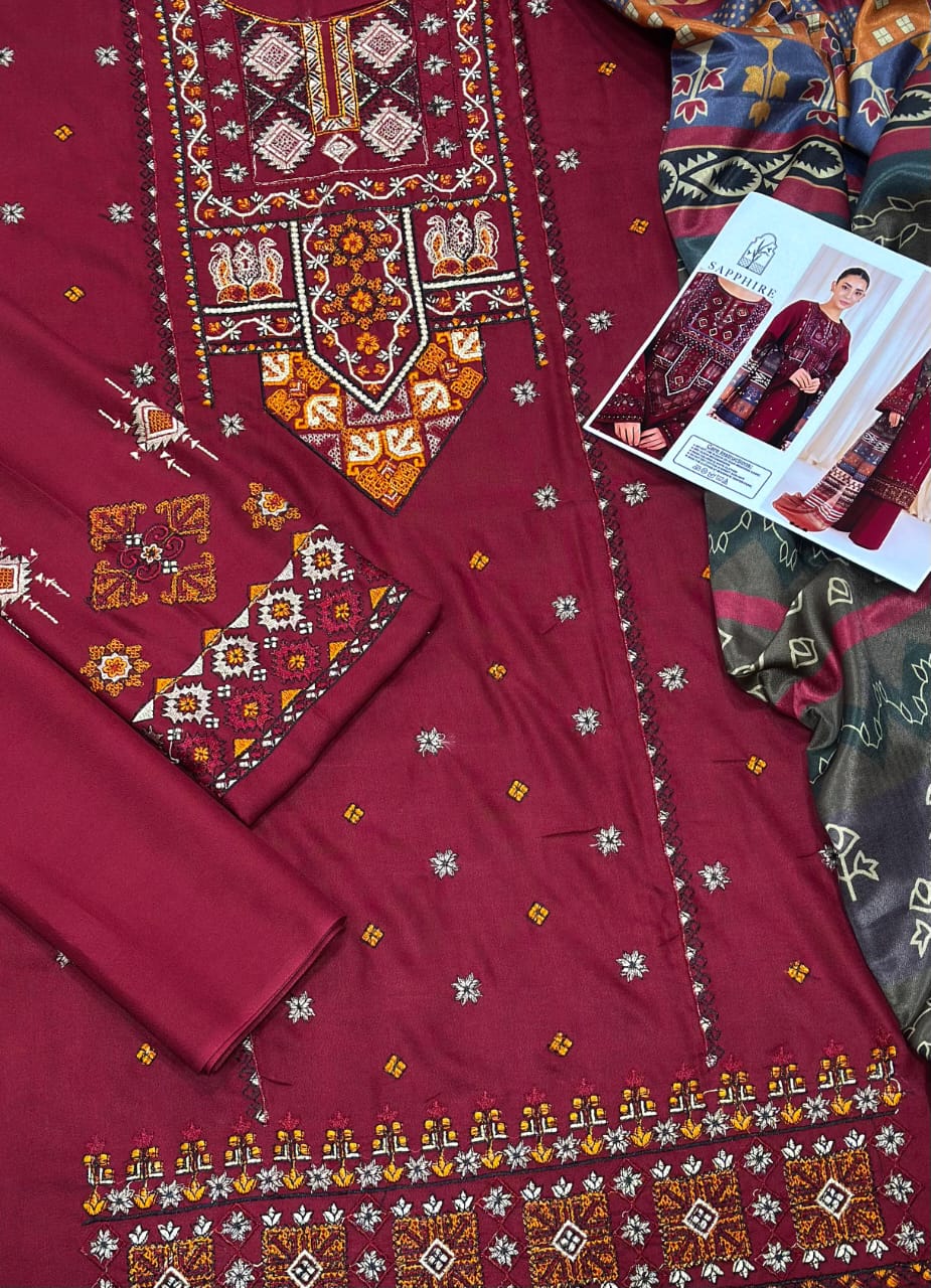 Sapphire Premium Dhanak 3-Piece Embroidered Suit