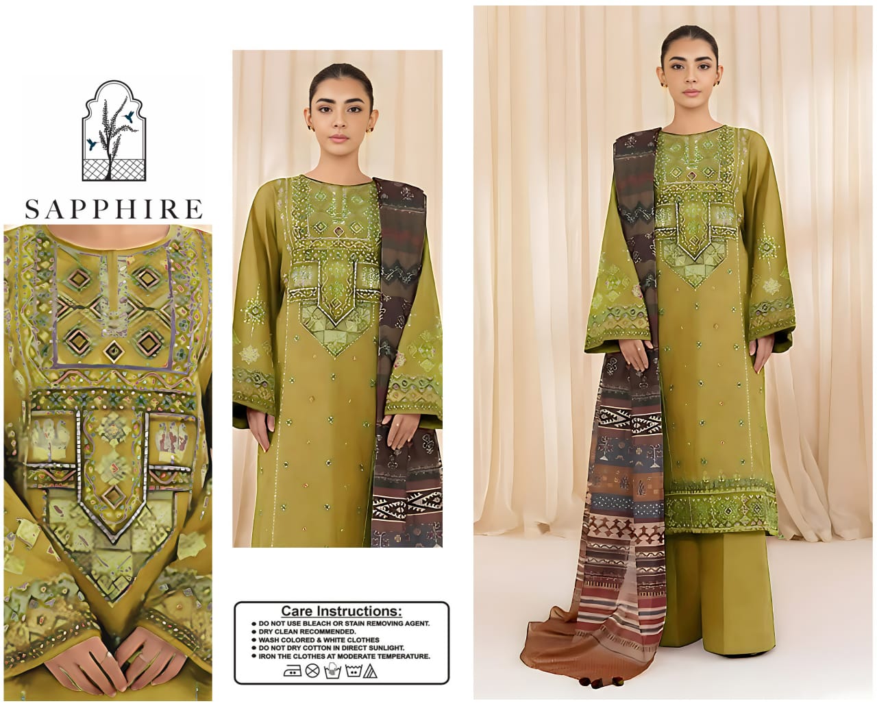 Sapphire Premium Dhanak 3-Piece Embroidered Suit