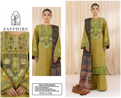 Sapphire Premium Dhanak 3-Piece Embroidered Suit