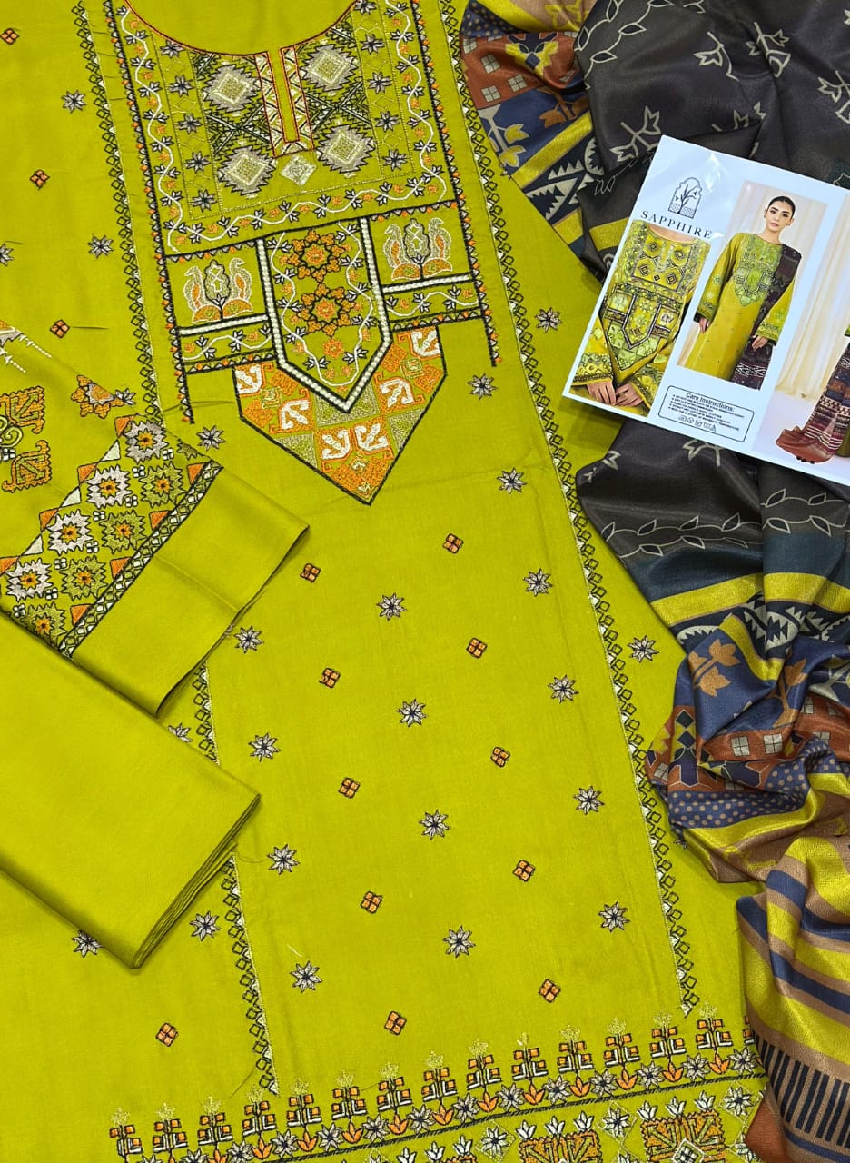 Sapphire Premium Dhanak 3-Piece Embroidered Suit