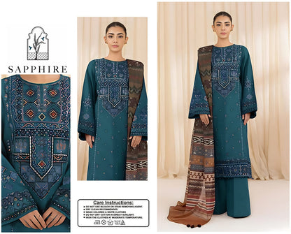 Sapphire Premium Dhanak 3-Piece Embroidered Suit